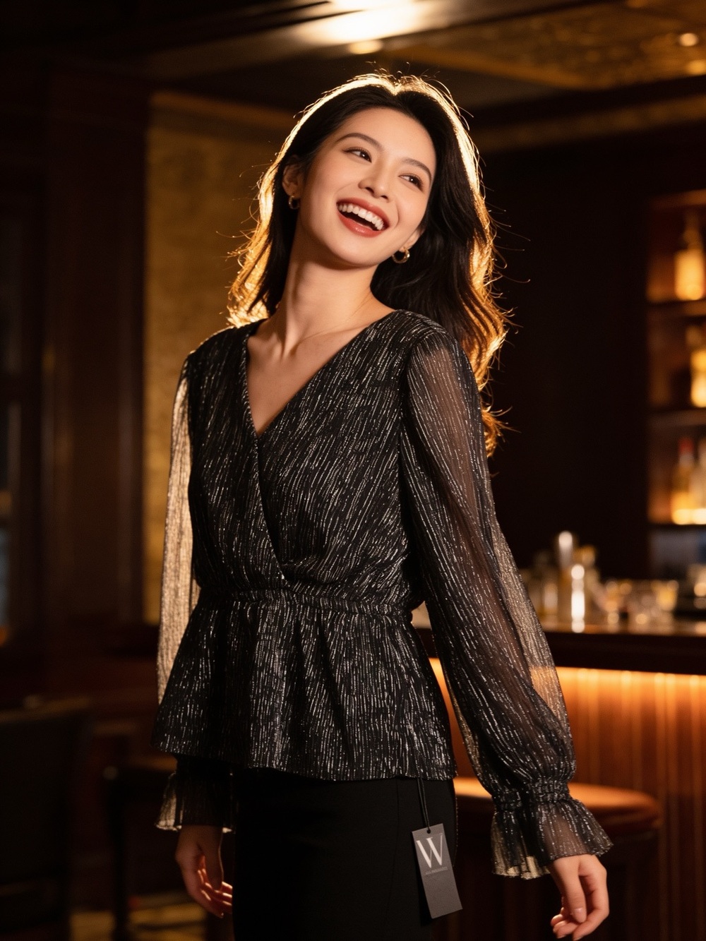Worthington Black Metallic Wrap Peplum Blouse